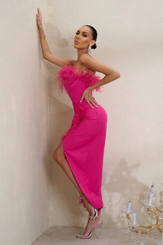 Cosmo | Hot Pink Bandeau Corset Maxi Dress With Feather Trim