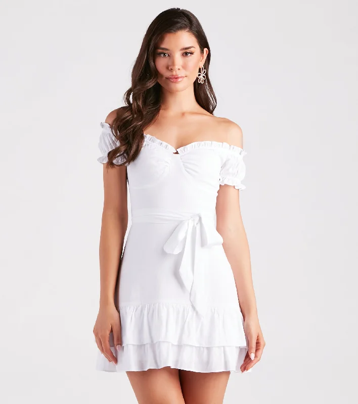 Cue The Charm Linen Off-The-Shoulder Dress