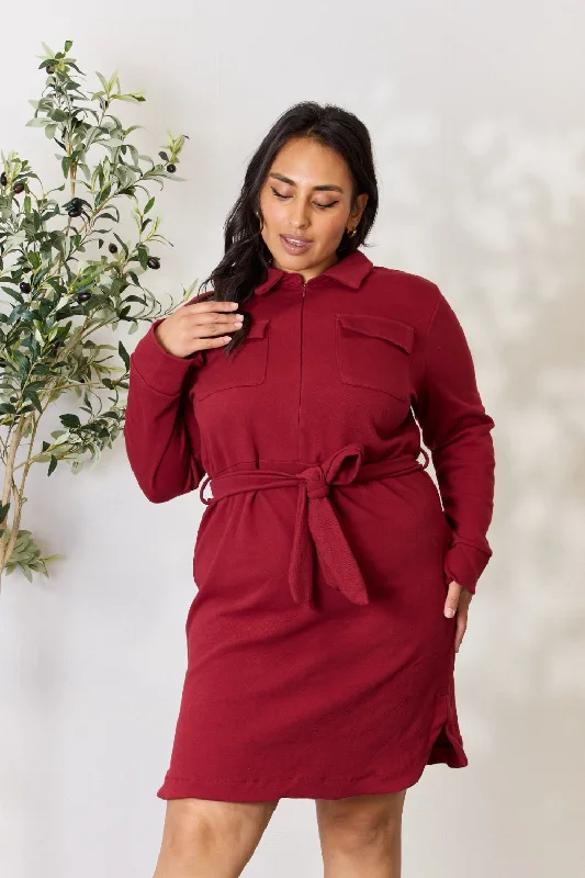 Full Size Tie Front Half Zip Long Sleeve Shirt Dress