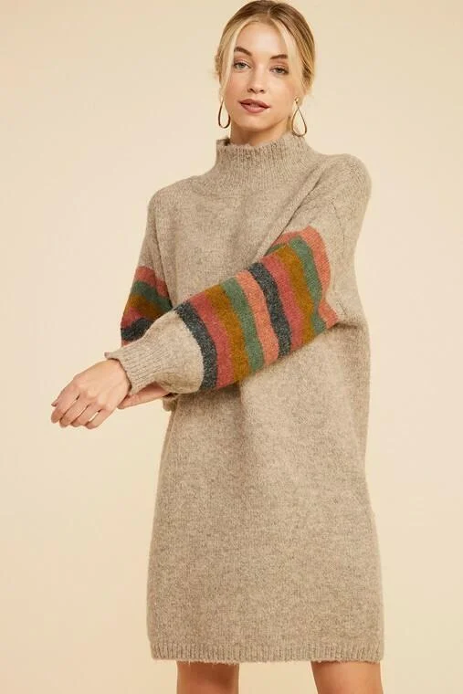 Demi Oatmeal Mock Neck Striped Sleeve Sweater Dress