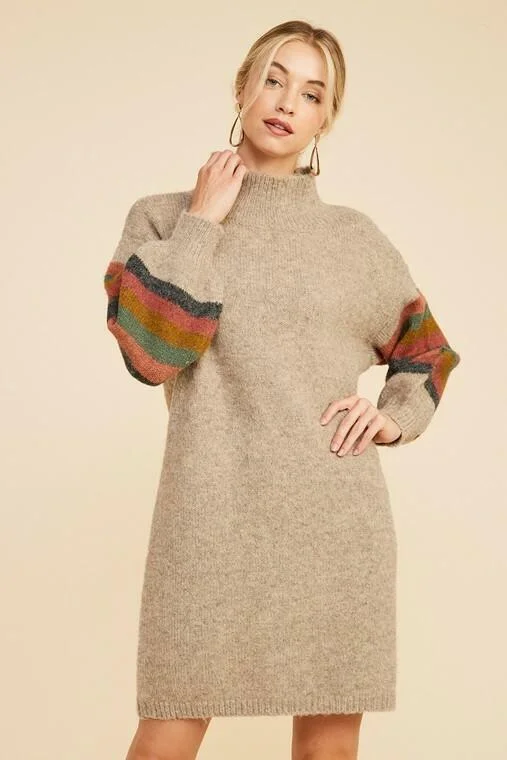 Demi Oatmeal Mock Neck Striped Sleeve Sweater Dress