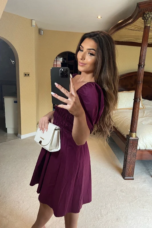 Double Second Wine Ruched Puff Sleeve Dress