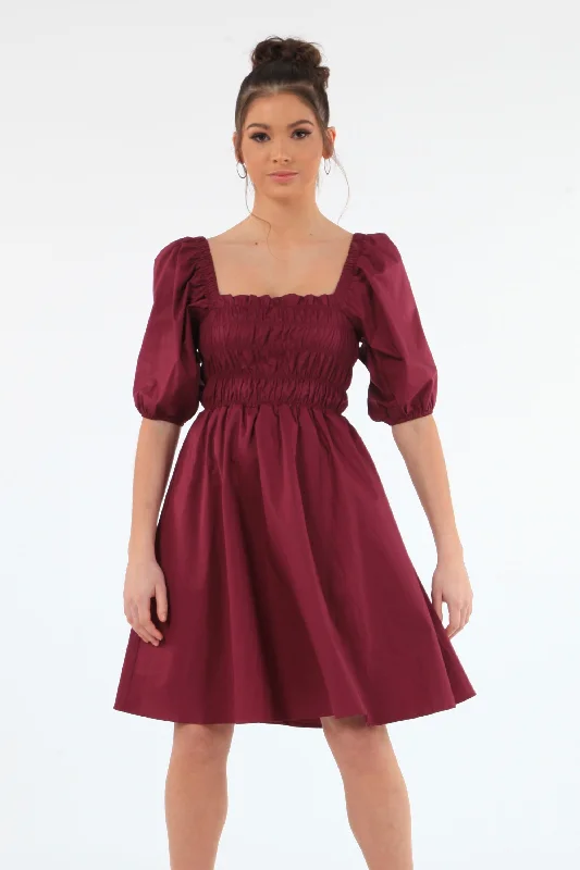 Double Second Wine Ruched Puff Sleeve Dress