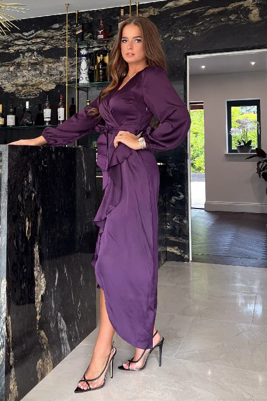 Erin Purple Long Sleeve Split Hem Frill Detail Maxi Dress