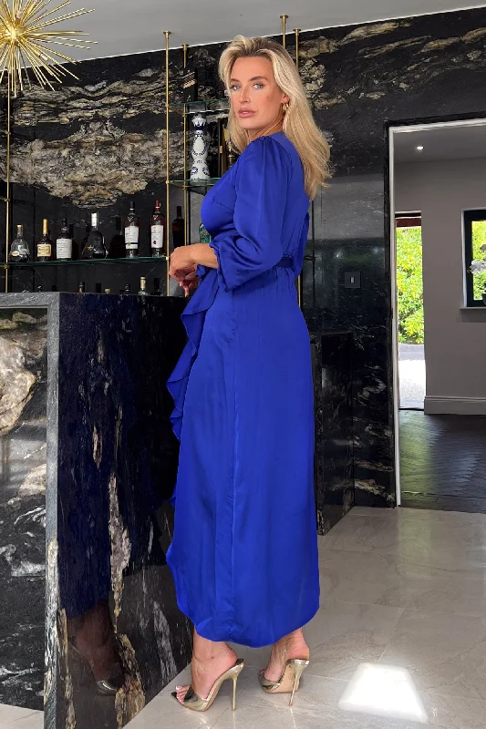 Erin Cobalt Long Sleeve Split Hem Frill Detail Maxi Dress