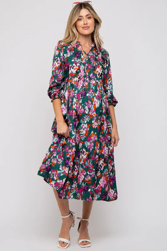 Forest Green Floral Satin Ruffle Neck Maternity Midi Dress