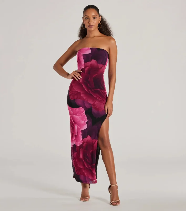 Grandeur Blooms Strapless Slit Floral Maxi Dress