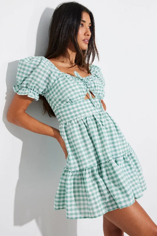 Green Check Fit and Flare Dress Short Sleeve Tiered Cut Out