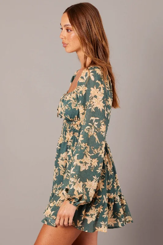 Green Floral Fit and Flare Dress Long Sleeve Ruched Bust