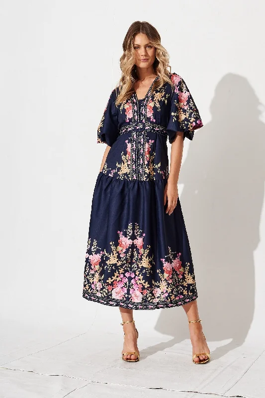 Havana Midi Dress In Navy With Pink Floral