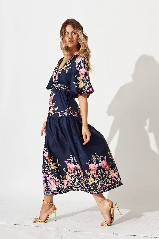 Havana Midi Dress In Navy With Pink Floral