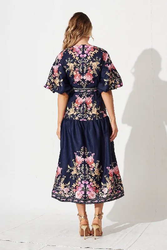 Havana Midi Dress In Navy With Pink Floral