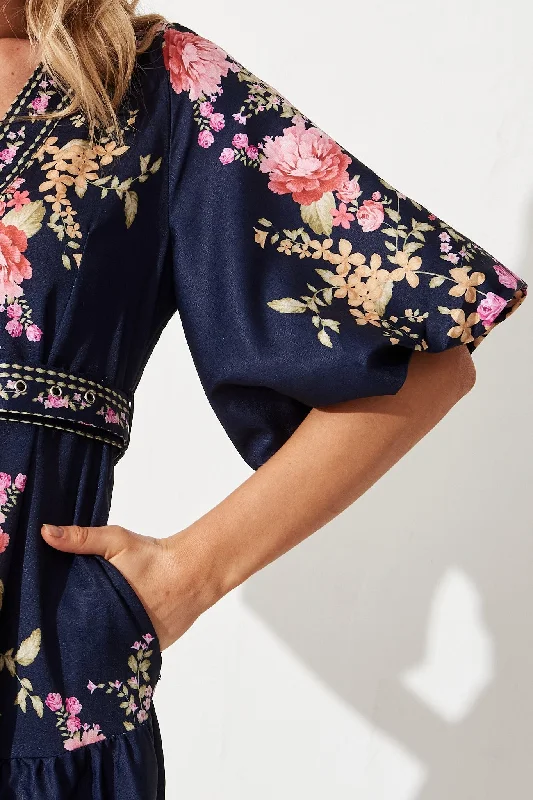 Havana Midi Dress In Navy With Pink Floral