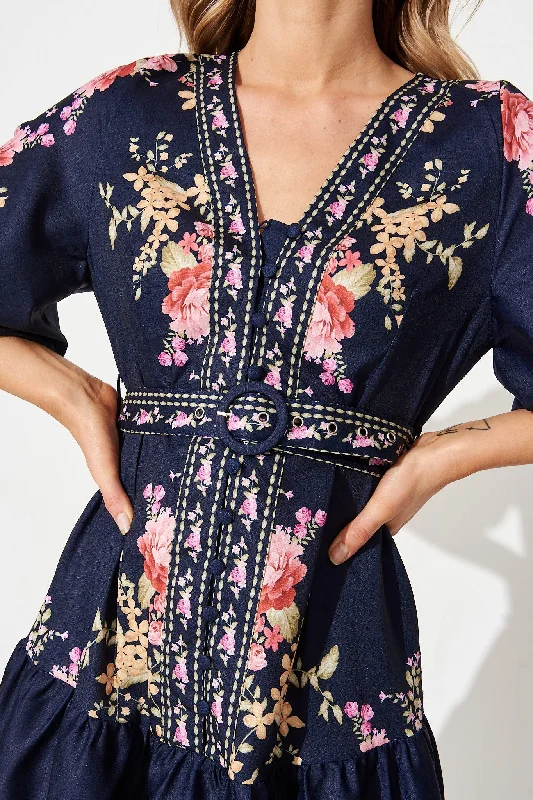 Havana Midi Dress In Navy With Pink Floral