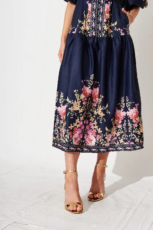 Havana Midi Dress In Navy With Pink Floral