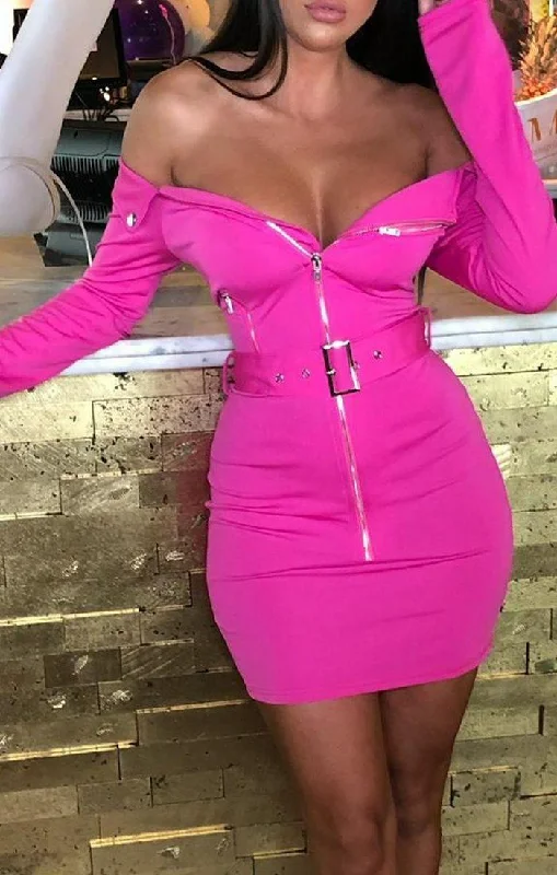 Hot Pink Collared Zip Up Long Sleeve Mini Dress - Melina