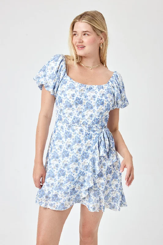 Ivory Blue Puff Sleeve Wrap Dress