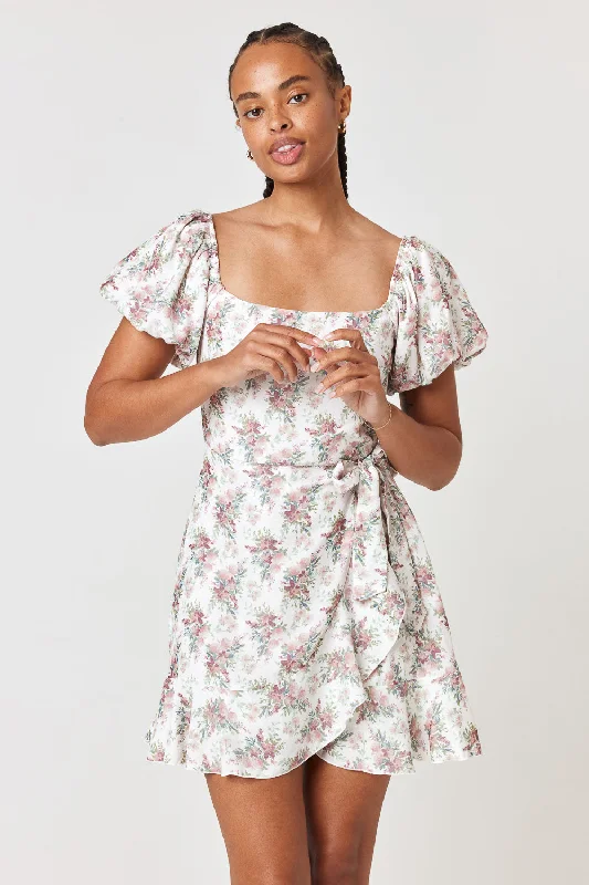 Ivory Rose Floral Puff Sleeve Wrap Dress