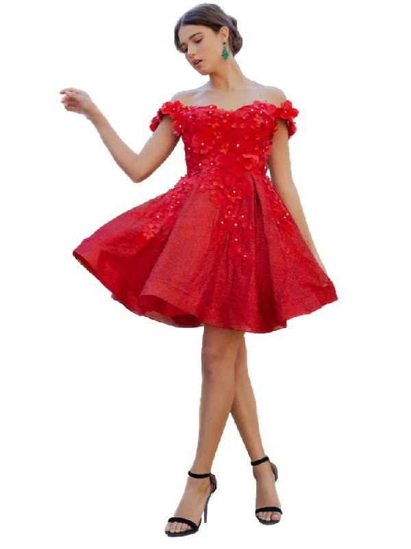 Red 3D Floral Applique Corset Off Shoulder Short Dress for Women, Sizes XS-3XL