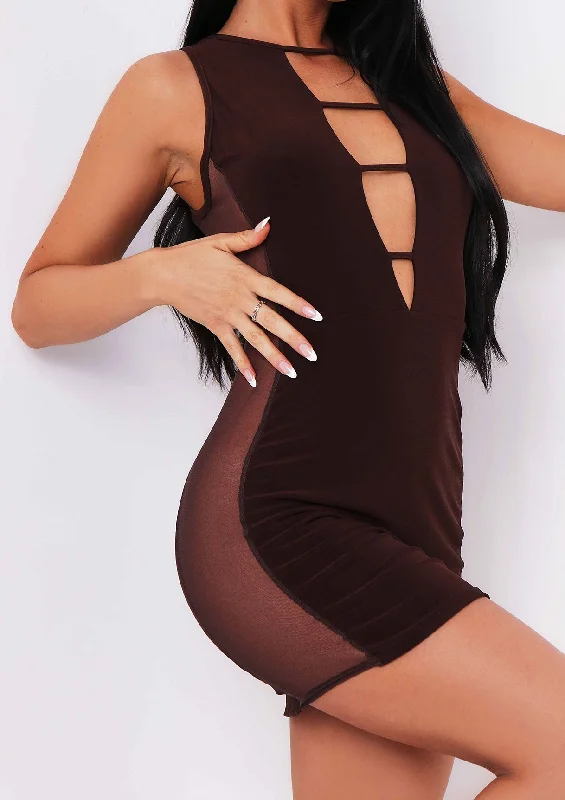 Kali Chocolate Mesh Side Cut Out Mini Dress