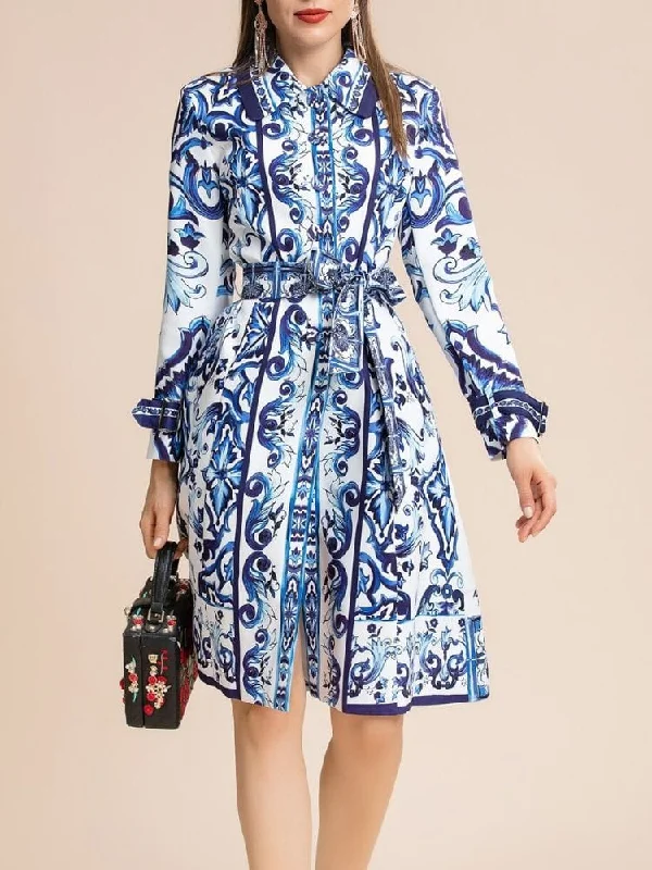 Kim Long Sleeve Shirt Print Dress -Blue Print