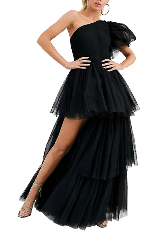 Black Volume Tulle One Shoulder Gown