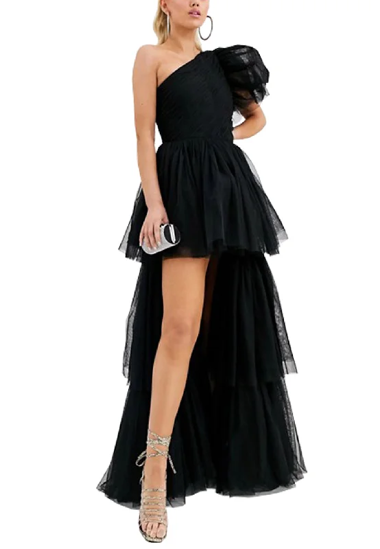 Black Volume Tulle One Shoulder Gown