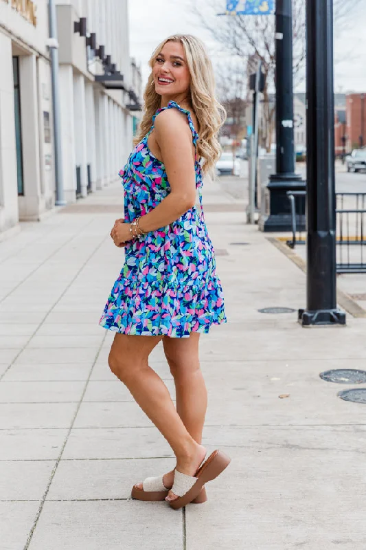 Looking My Way Navy Ruffle Detail Printed Mini Dress