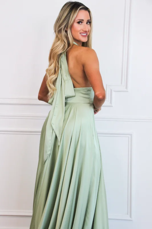 Jaycee Satin Halter Neck Slit Formal Dress: Sage