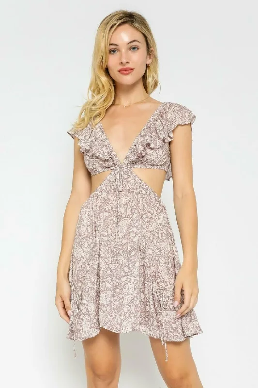 Luna Purple Dusk Paisley Cutout Ruffle Mini Dress