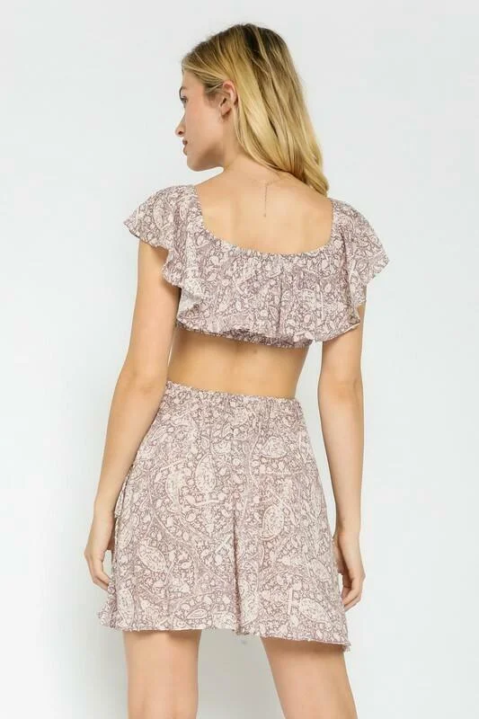 Luna Purple Dusk Paisley Cutout Ruffle Mini Dress