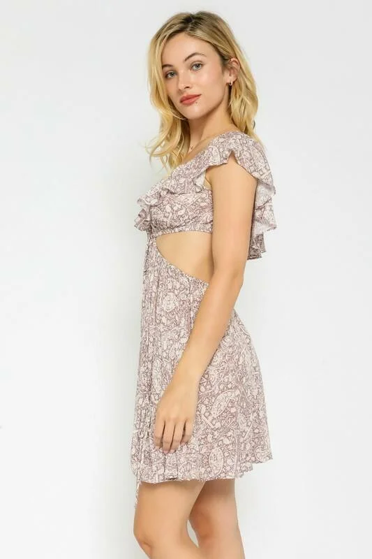 Luna Purple Dusk Paisley Cutout Ruffle Mini Dress