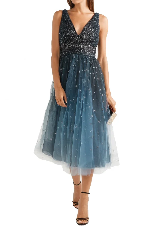 Blue Embellished Ombré Tulle Midi Dress