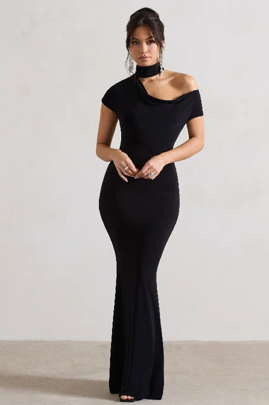 Margaux | Black One-Shoulder Maxi Dress With Halter-Collar