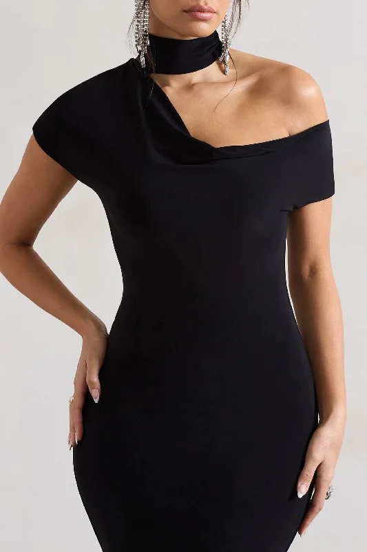 Margaux | Black One-Shoulder Maxi Dress With Halter-Collar