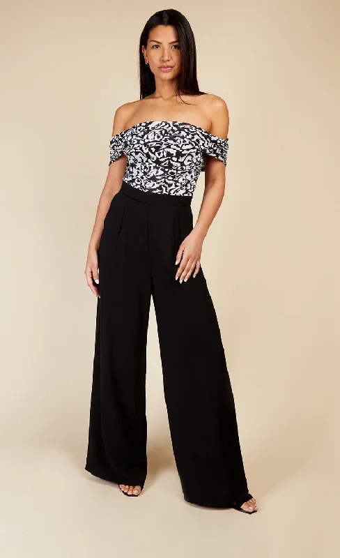 Monochrome Printed Mesh Bardot Jumpsuit