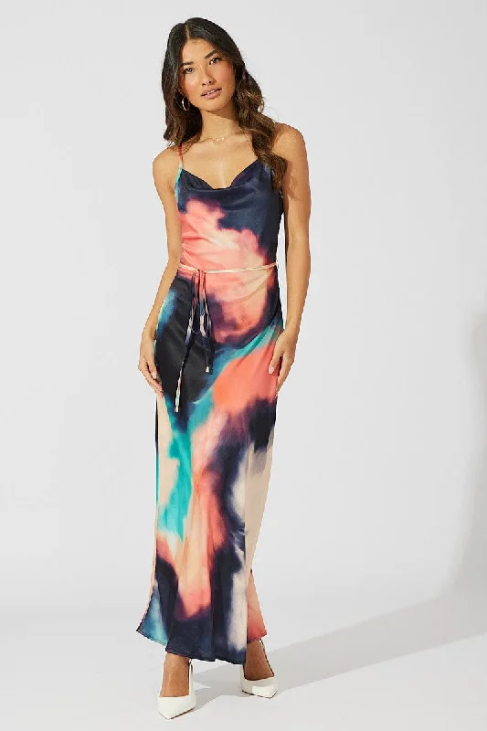 Multi Abstract Maxi Dress Cowl Neck Satin