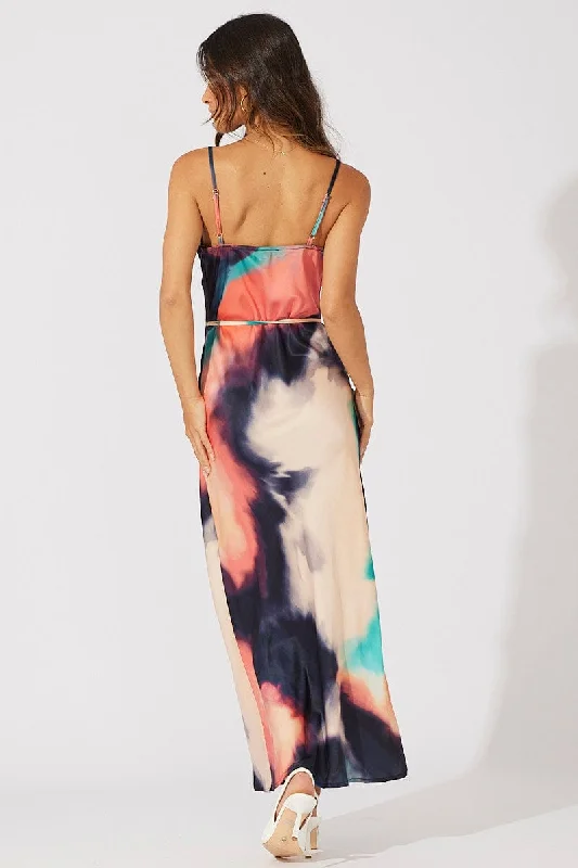 Multi Abstract Maxi Dress Cowl Neck Satin