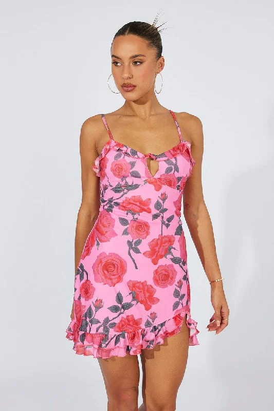 Multi Floral Mini Dress Strappy Ruffle Keyhole Detail