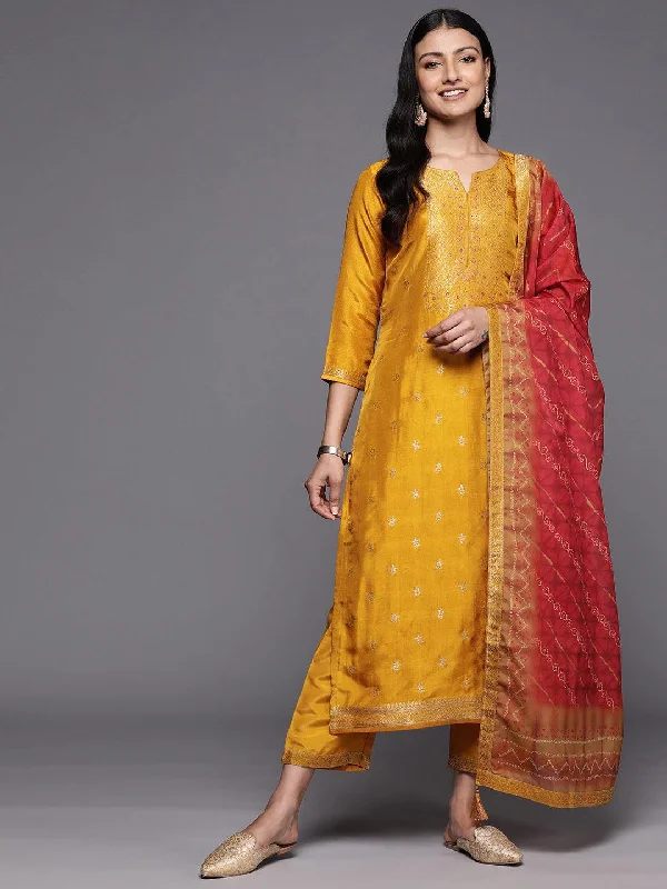 Mustard Self Design Silk Blend Straight Suit Set With Trousers