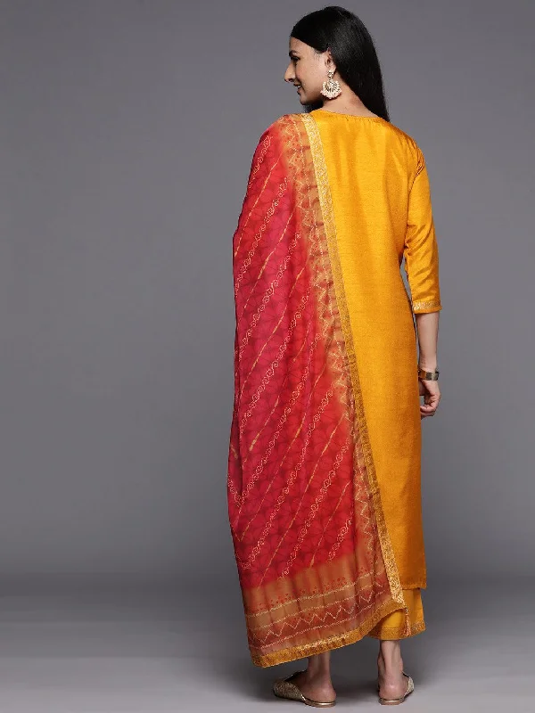 Mustard Self Design Silk Blend Straight Suit Set With Trousers