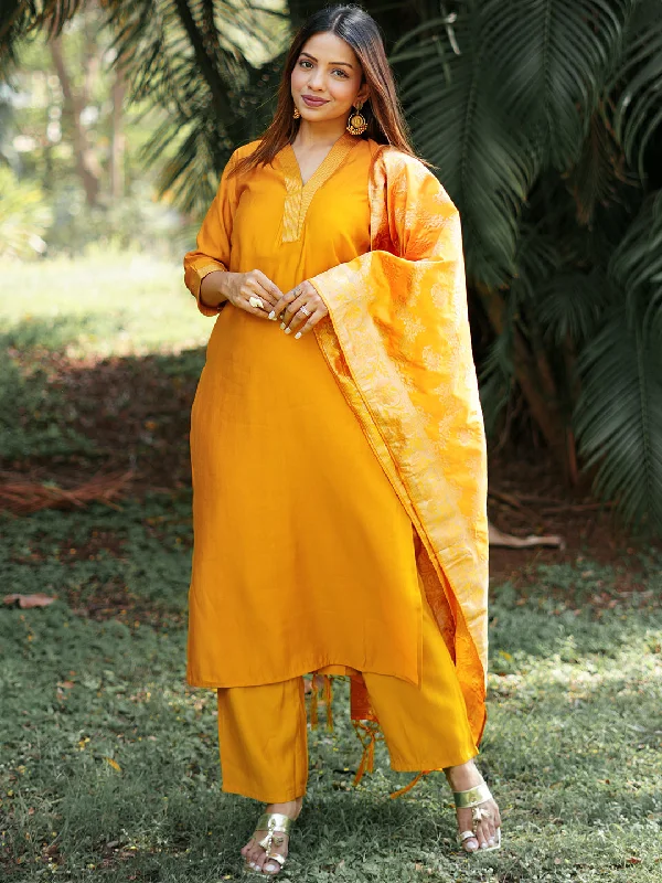 Mustard Solid Silk Blend Straight Suit With Dupatta