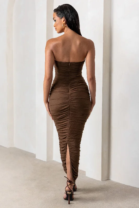 My Lady | Chocolate Brown Strapless Bodycon Ruched Mesh Maxi Dress