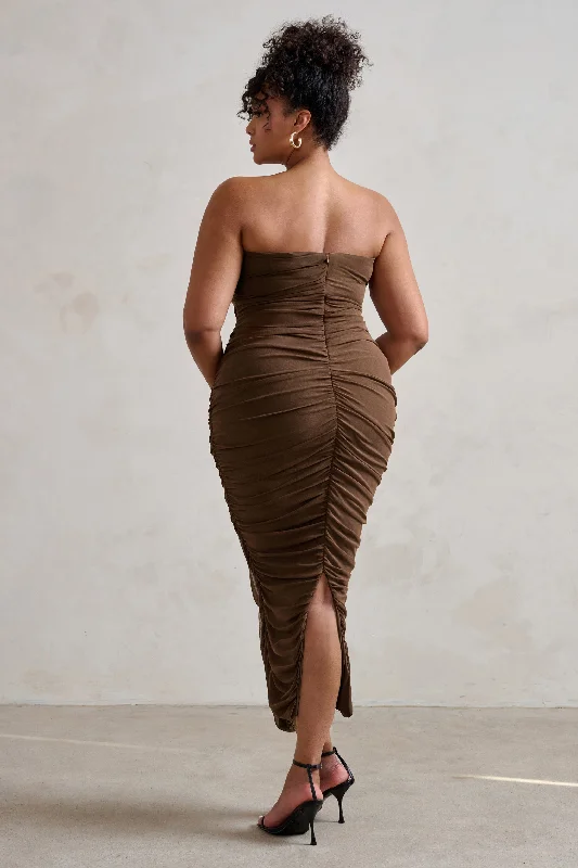 My Lady | Chocolate Brown Strapless Bodycon Ruched Mesh Maxi Dress