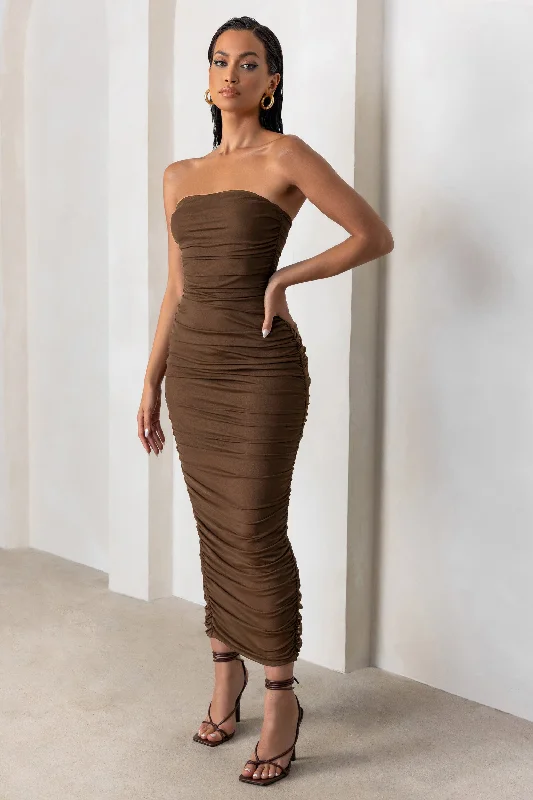 My Lady | Chocolate Brown Strapless Bodycon Ruched Mesh Maxi Dress