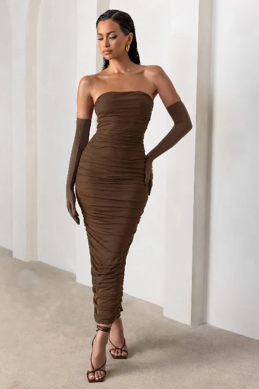 My Lady | Chocolate Brown Strapless Bodycon Ruched Mesh Maxi Dress