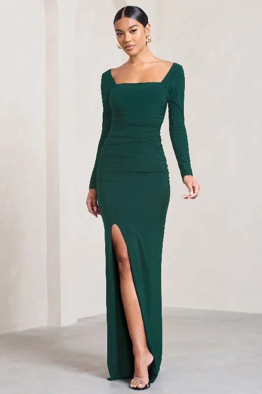 My Pleasure | Bottle Green Square Neck Ruched Maxi Dress