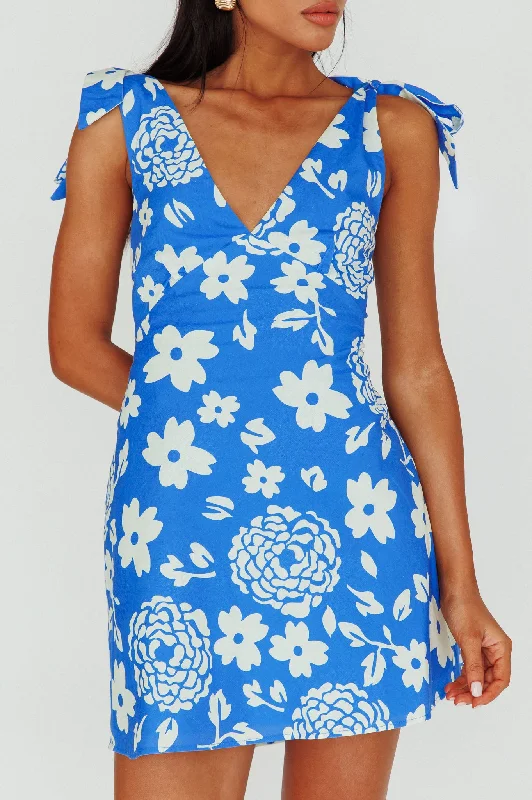 Mykonos Morning Tied Shoulder Mini Dress Floral Ocean