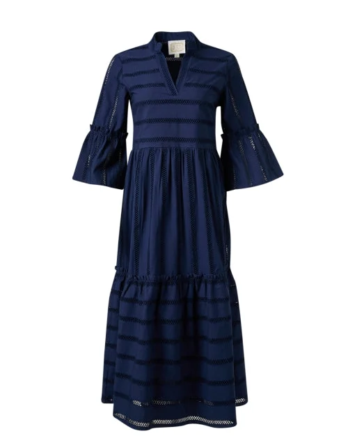 Navy Eyelet Stripe Midi Dress