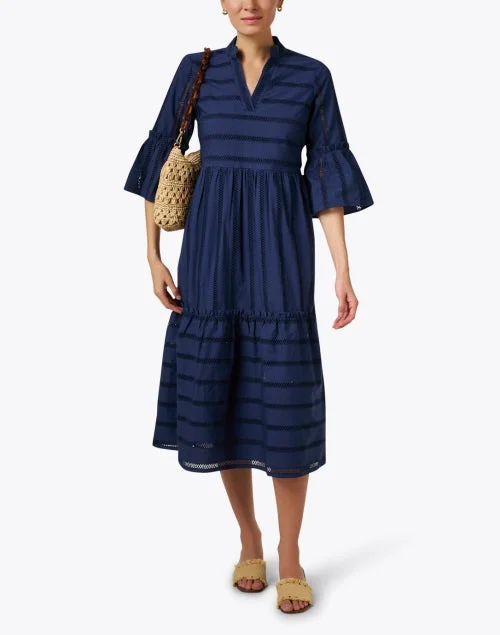 Navy Eyelet Stripe Midi Dress